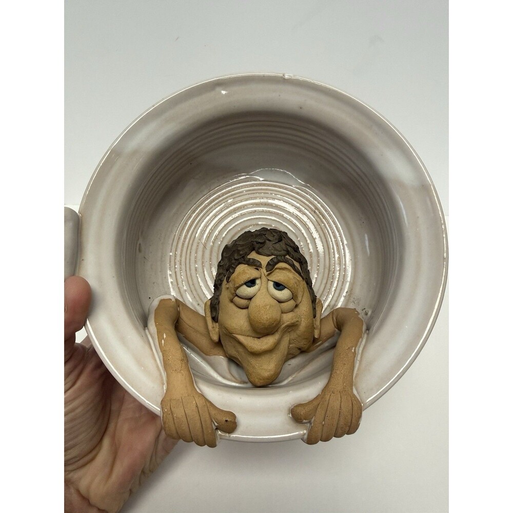 Signed Studio Art Pottery Bowl Whimsical Man Figure Sculptural Ceramic Handmade